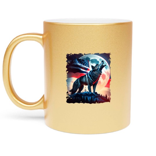America wolf under Moon with American Flag Metallic Mugs