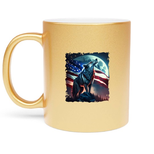 America wolf under Moon with American Flag Metallic Mugs