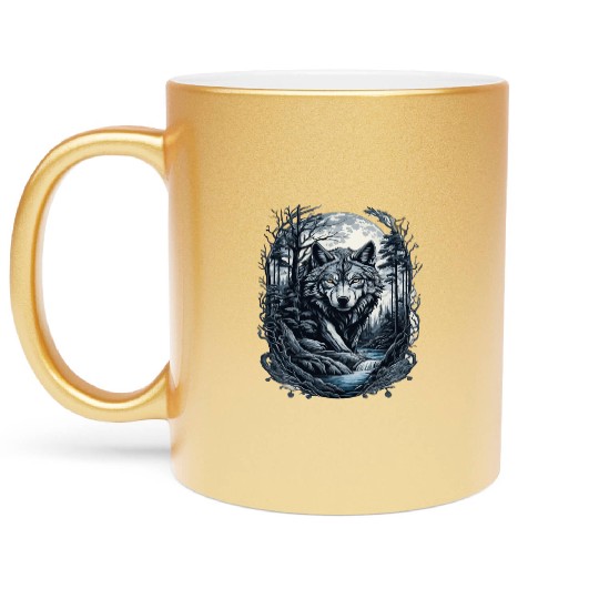 Sunset Grey Wolf Hunter for Men and Women Metallic Mugs