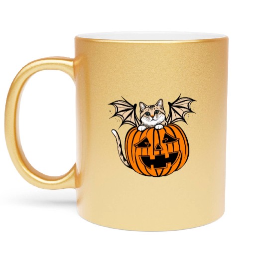 Cute Creepy Cat With Bat Wings Funny Halloween Metallic Mugs