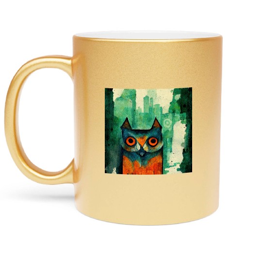 Mod Owl: Watercolor CIty Owl Metallic Mugs