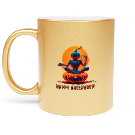 Creepy Meditating Skeleton Happy Halloween Pumpkin Metallic Mugs