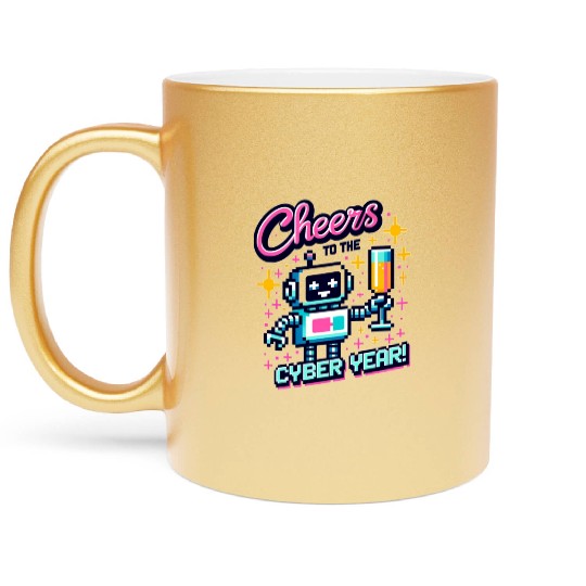 Retro Robot New Year's Toast - Cyber Champagne Fun Metallic Mugs