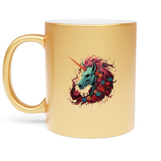 scary unicorn and flowers Metallic Mugs