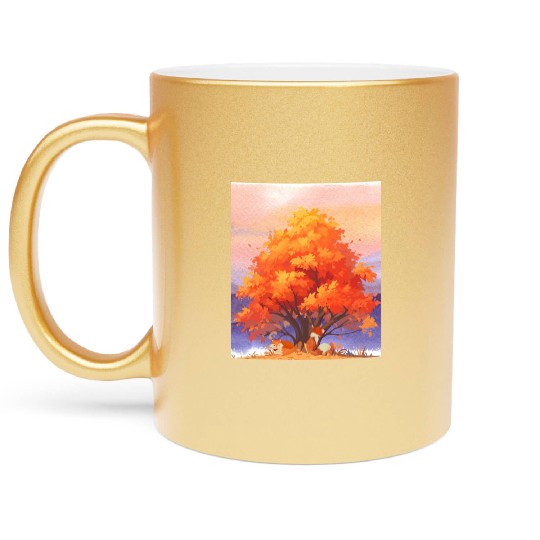 Autumn Serenity - Watercolor Foxes Under The Tree Metallic Mugs