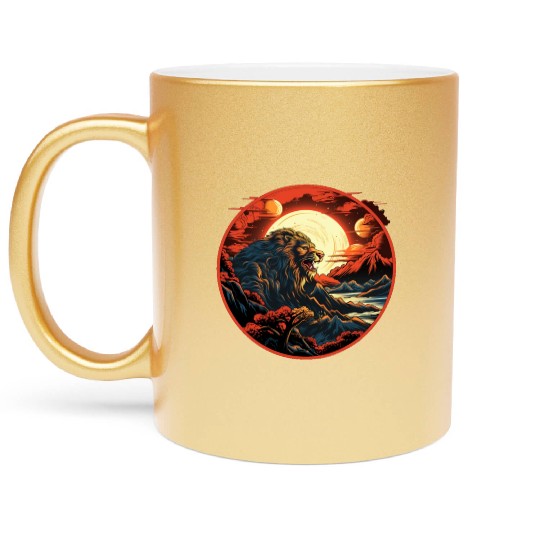 Red Japanese Style Mountain Lion Art Metallic Mugs