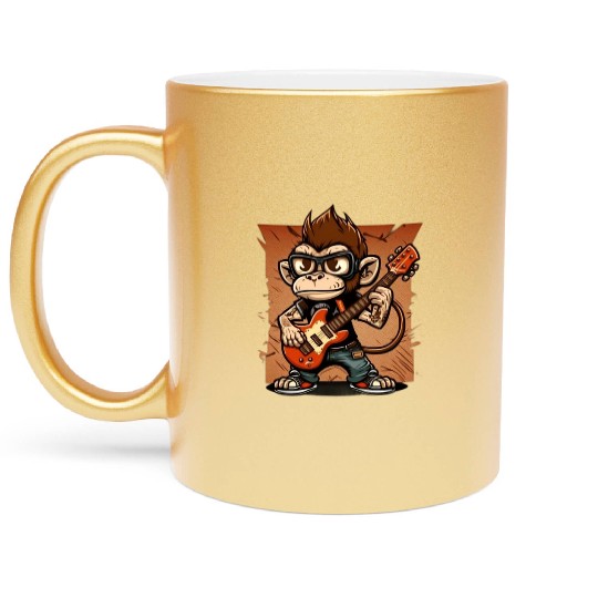 Monkey Chimpanzee Playing Acousitc Rock Guitar Metallic Mugs
