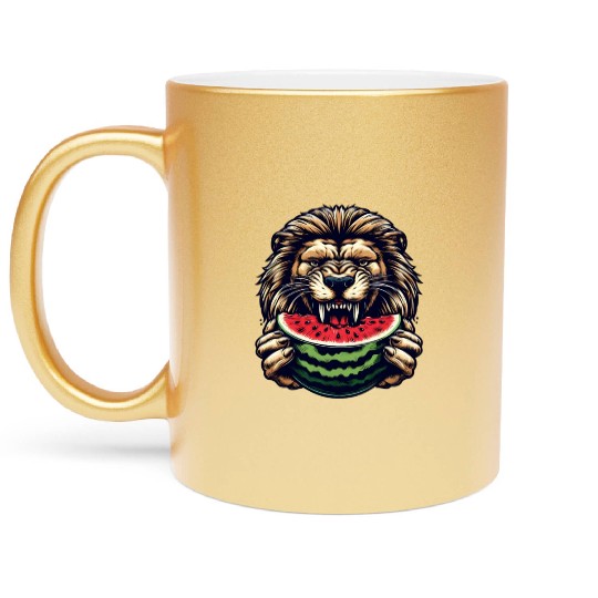 Lion enjoys watermelon Metallic Mugs