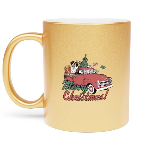 Vintage Red Pick Up Truck Merry Christmas Saint Metallic Mugs