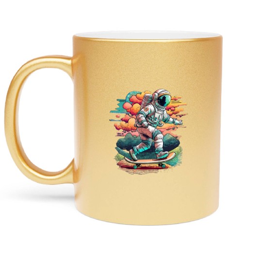Astronaut Skateboarding Above the Moon Metallic Mugs
