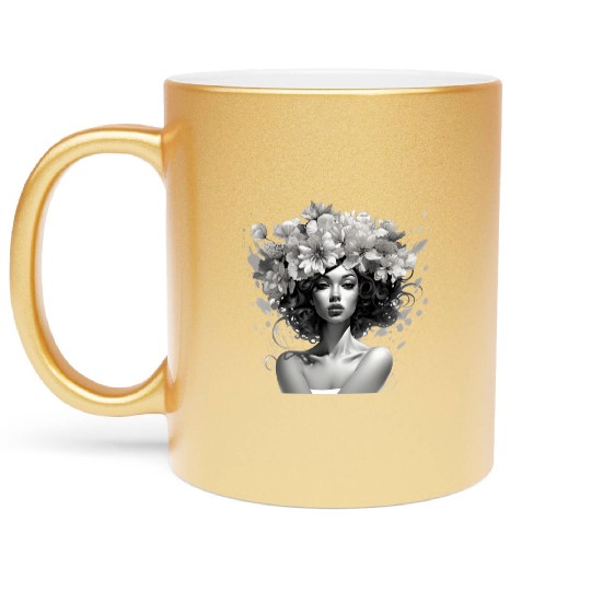 Woman with flowers on her head Metallic Mugs
