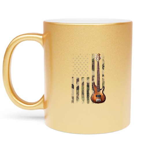 bass guitar american flag, funny bass player Metallic Mugs