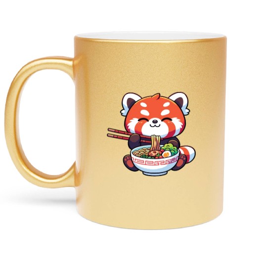 Cute Red Panda Eats Ramen Noodles Red Panda Metallic Mugs