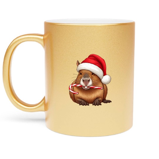 Festive capybara with candy cane Metallic Mugs