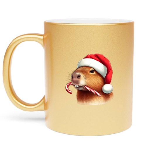 Festive capybara with candy cane Metallic Mugs