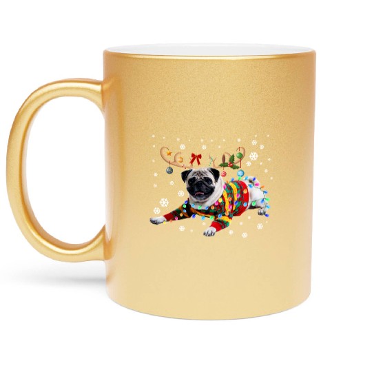 Funny Pug Dog Christmas Reindeer Christmas Lights Metallic Mugs
