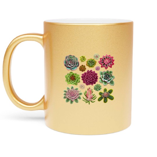 Whimsical Fake Embroidered Succulents Design Metallic Mugs