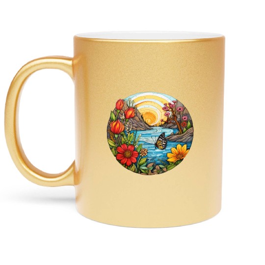 Sunset Whorls over Serene River Metallic Mugs