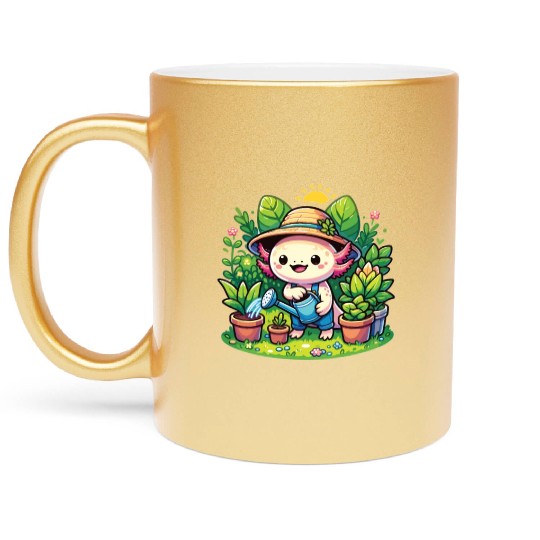 Axolotl As A Hobby Gardener With Plants And Metallic Mugs