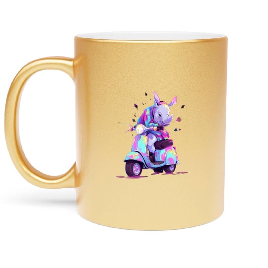 Rhino Riding Scooter Funny Rhinoceros Biker Moped Metallic Mugs