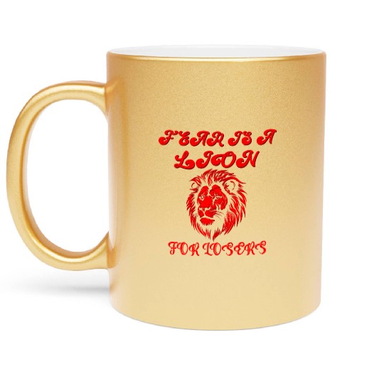 Defeating Fear with Courageous Lion Graphic. Metallic Mugs