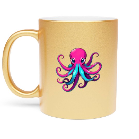 A Cartoonish Octopus in a Playful Pose Metallic Mugs