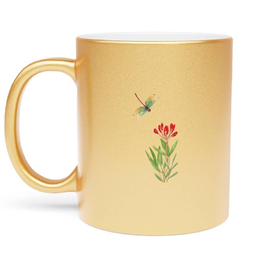 dragonfly flying over a plant Metallic Mugs