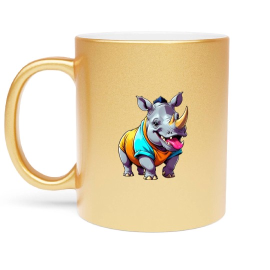A Cartoonish Rhinoceros in a Playful Pose Metallic Mugs