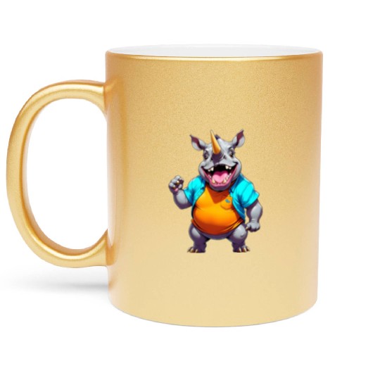 A Cartoonish Rhinoceros in a Playful Pose Metallic Mugs