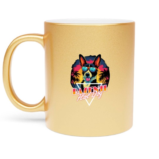 Retro Wave Basenji Hot Dog Metallic Mugs
