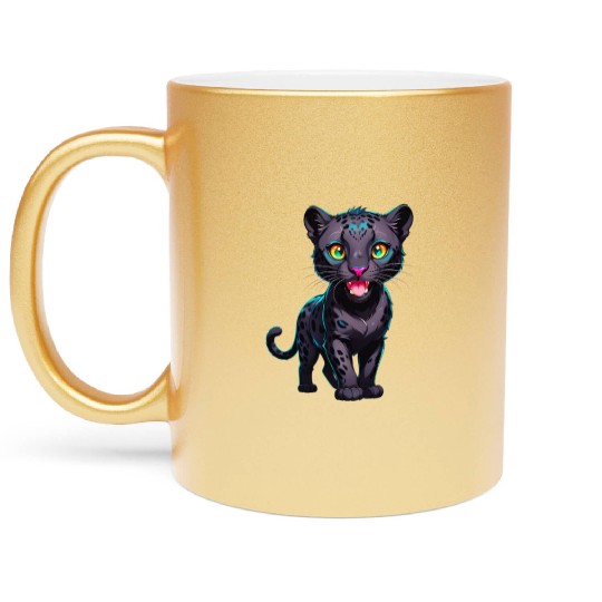 A Cartoonish Black Leopard in a Playful Pose Metallic Mugs