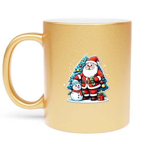Santa Claus with Snowman and Decorated. Metallic Mugs