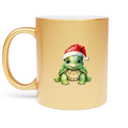 cute green sea turtle wearing a Santa hat Metallic Mugs