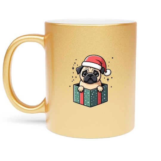 Pug In Present Dog Christmas Festive Santa Hat Metallic Mugs
