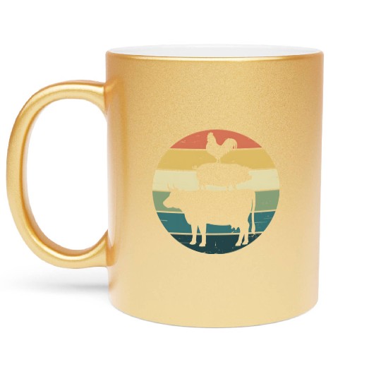 Retro Rainbow Stacked Farm Animals Cow Pig Rooster Metallic Mugs