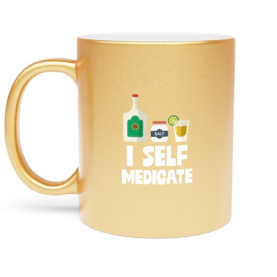 I Self Medicate Tequila Bottle Lime Salt Shot Pun Metallic Mugs