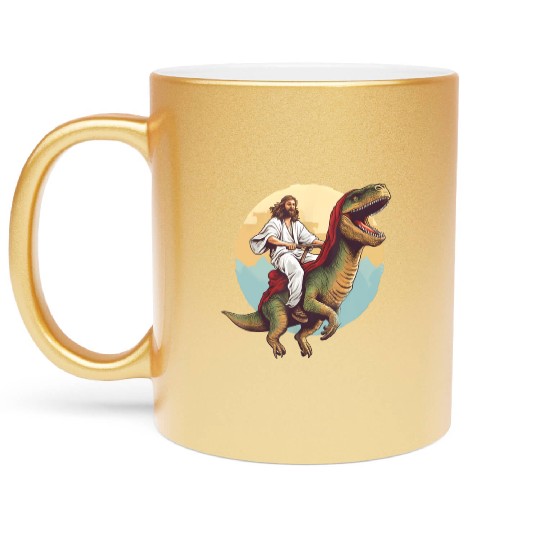 Jesus Riding a Dinosaur Meme Dino Lover Metallic Mugs