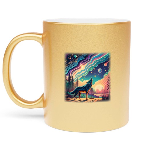 Majestic Wolf Howling At The Eclipse Metallic Mugs