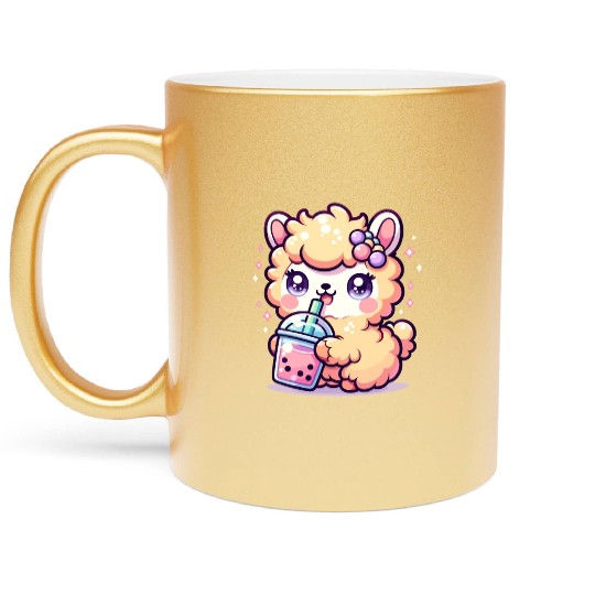 Kawaii Llama Sips Bubble Tea Cute Llama Boba Tea Metallic Mugs
