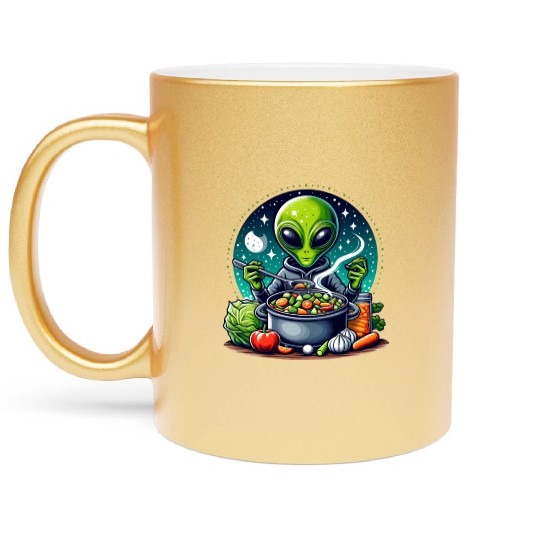 Alien chef cooks vegetable soup Metallic Mugs