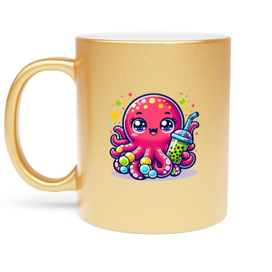 Kawaii Octopus With Bubble Tea Sea Ocean Boba Tea Metallic Mugs