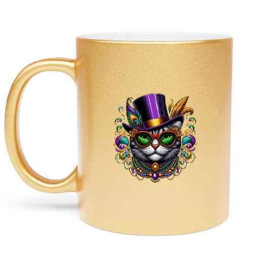 Mardi Gras cat with hat and glasses Metallic Mugs