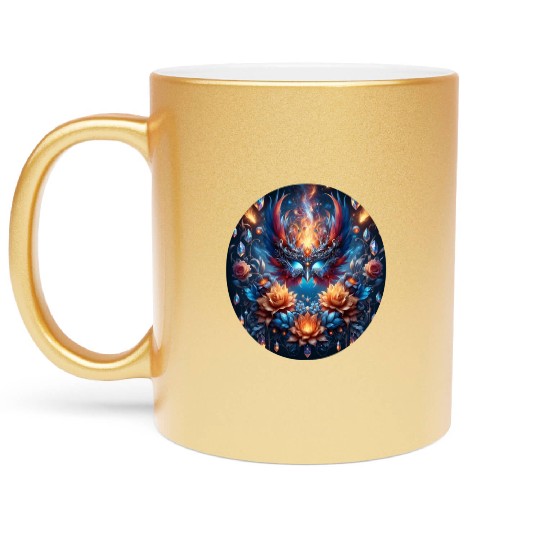 Phoenix Rebirth in Cosmic Bloom Metallic Mugs