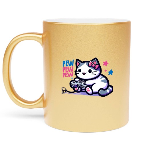 Cat Play Console Game Pew Pew Pew Metallic Mugs