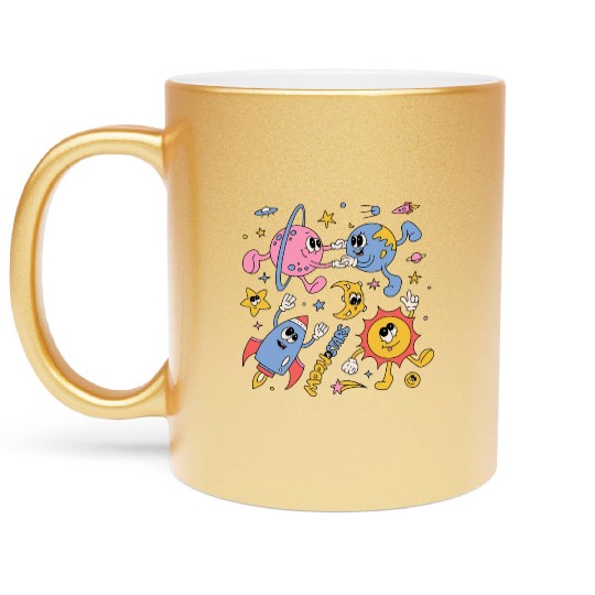 Solar System Planets Moon Sun Saturn Cute Groovy Metallic Mugs