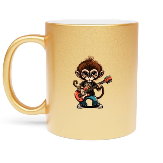 Monkey Chimpanzee Playing Acousitc Rock Guitar Metallic Mugs