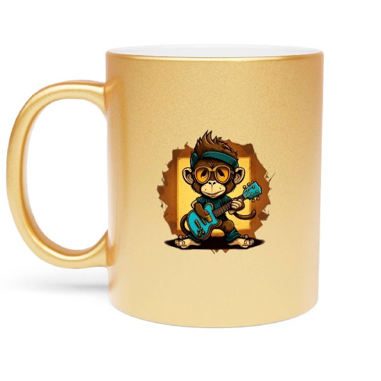 Monkey Chimpanzee Playing Acousitc Rock Guitar Metallic Mugs