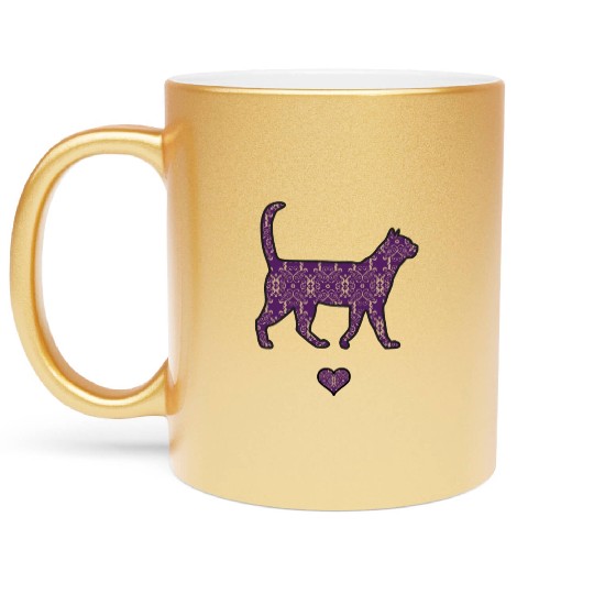 Purple Cat Damask Style Love Heart Cute Silhouette Metallic Mugs