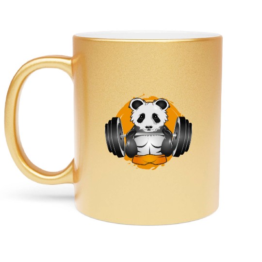 Bodybuilder panda bear with barbell in the gym Metallic Mugs