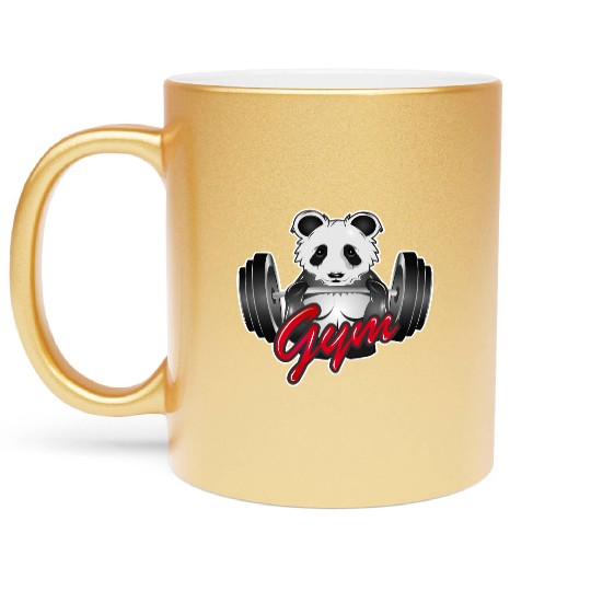Bodybuilder panda bear with barbell in the gym Metallic Mugs